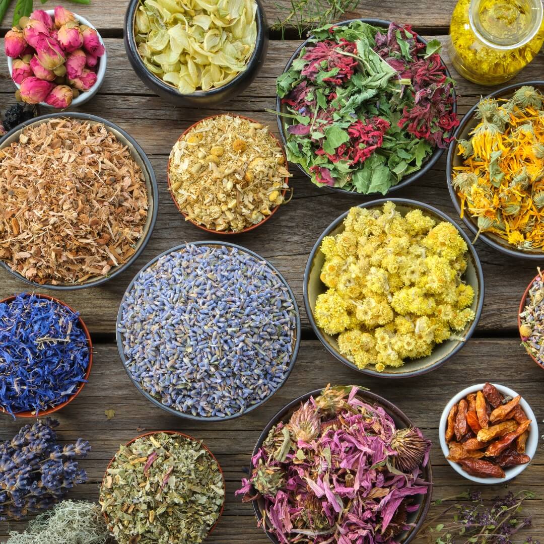 Ayurvedic ingredients include herbs, flowers and oils