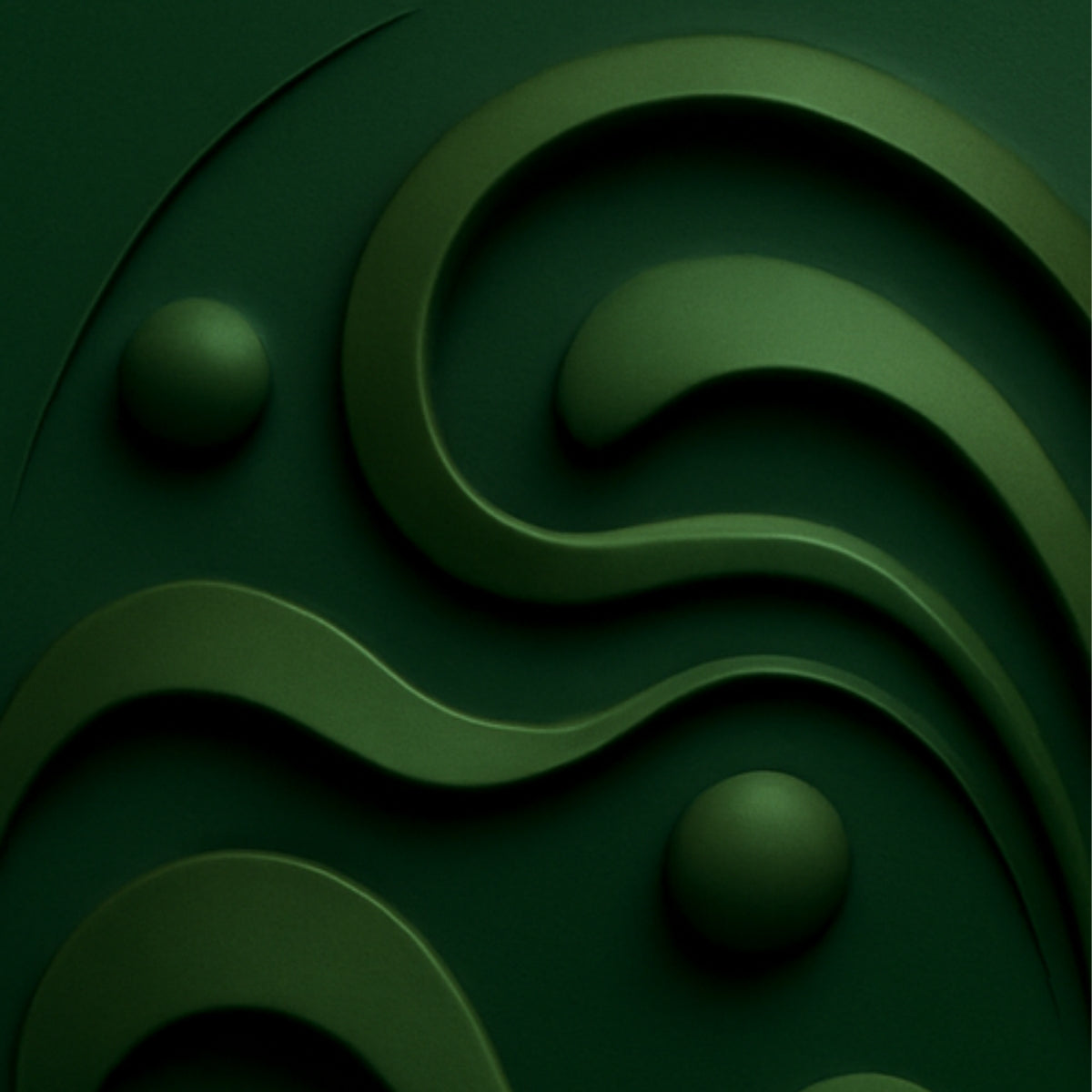 Green abstract design with wavy patterns and spherical elements on a dark green background