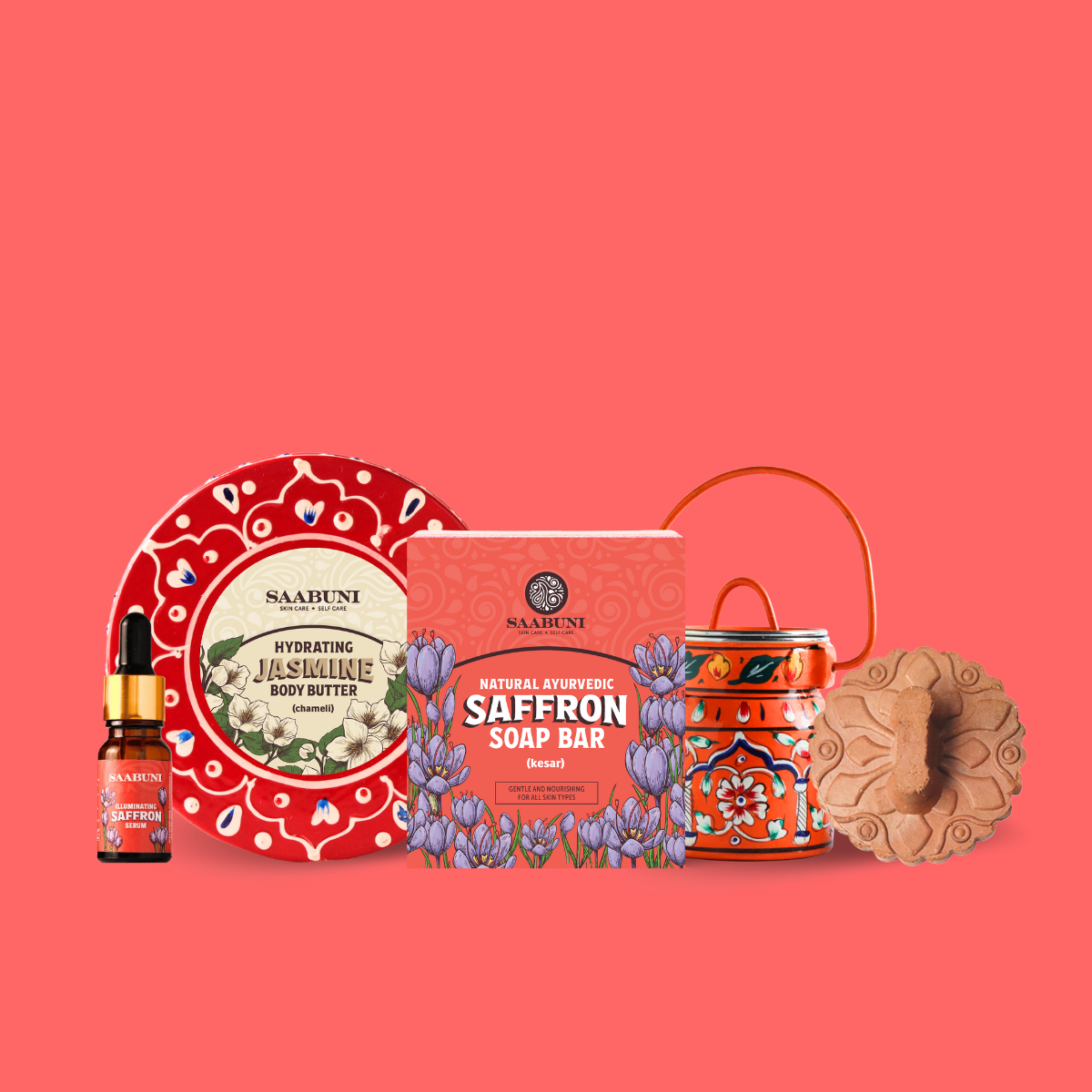 Collection of Saabuni skincare products on a coral background