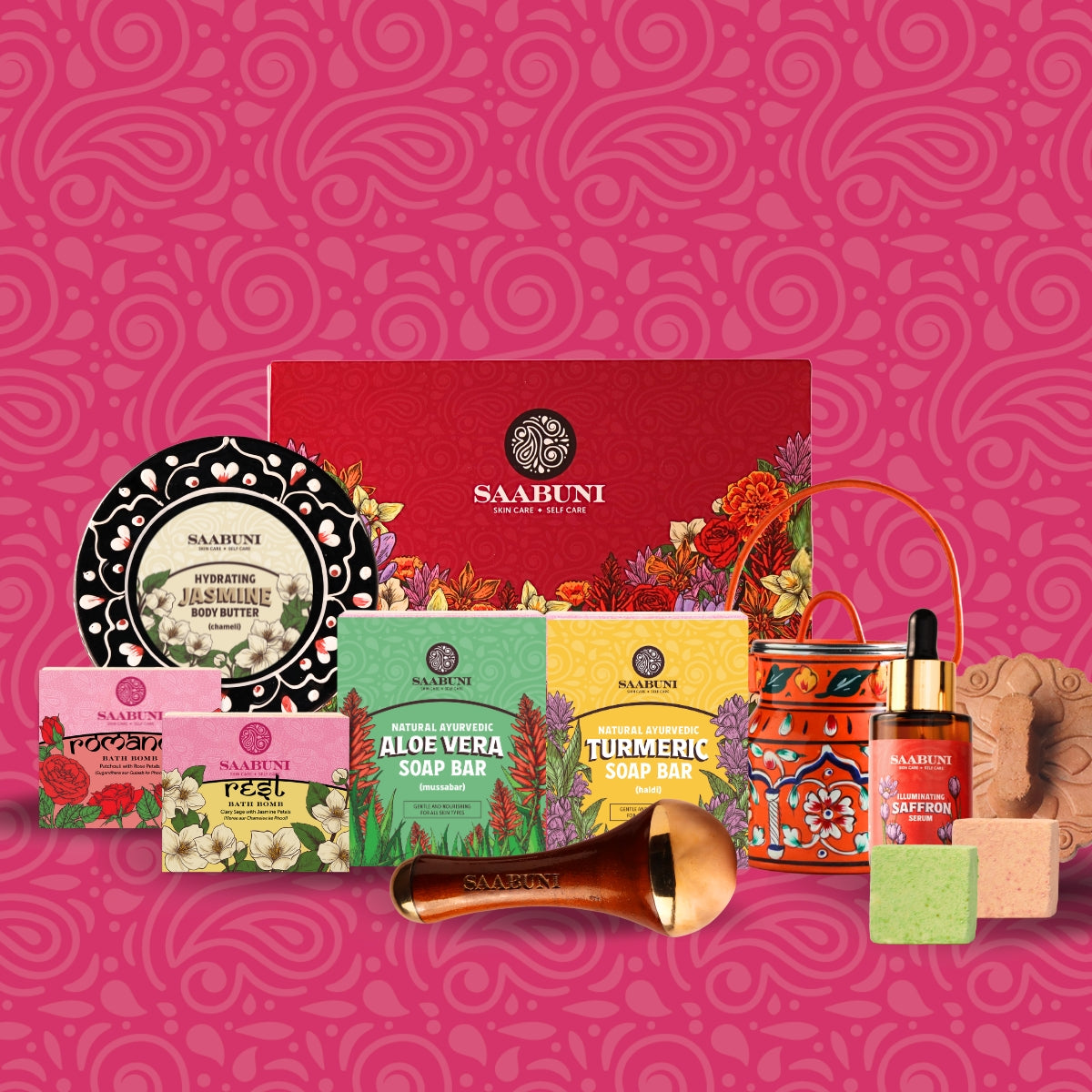 Ayurvedic Indian Skin Care Gift Set on Pink background