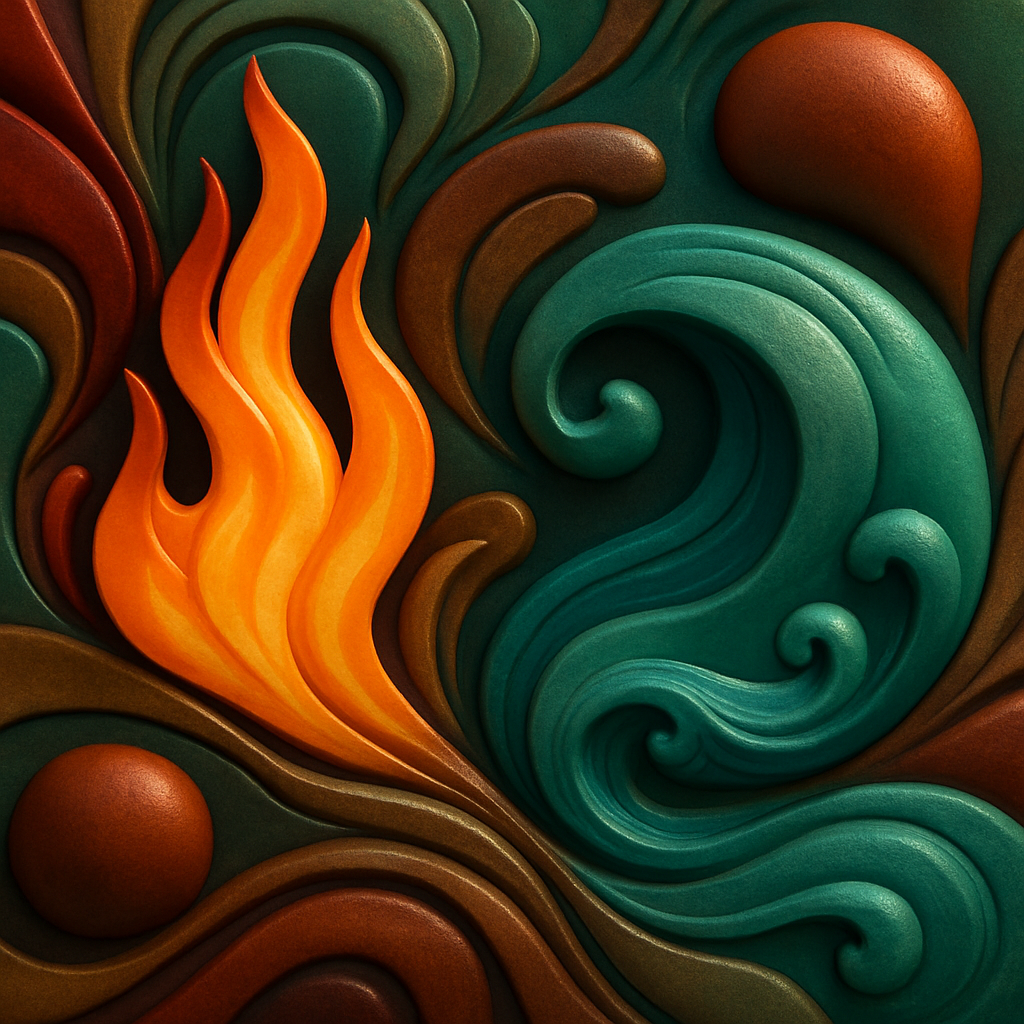 Abstract design with swirling patterns in orange, green, and brown.