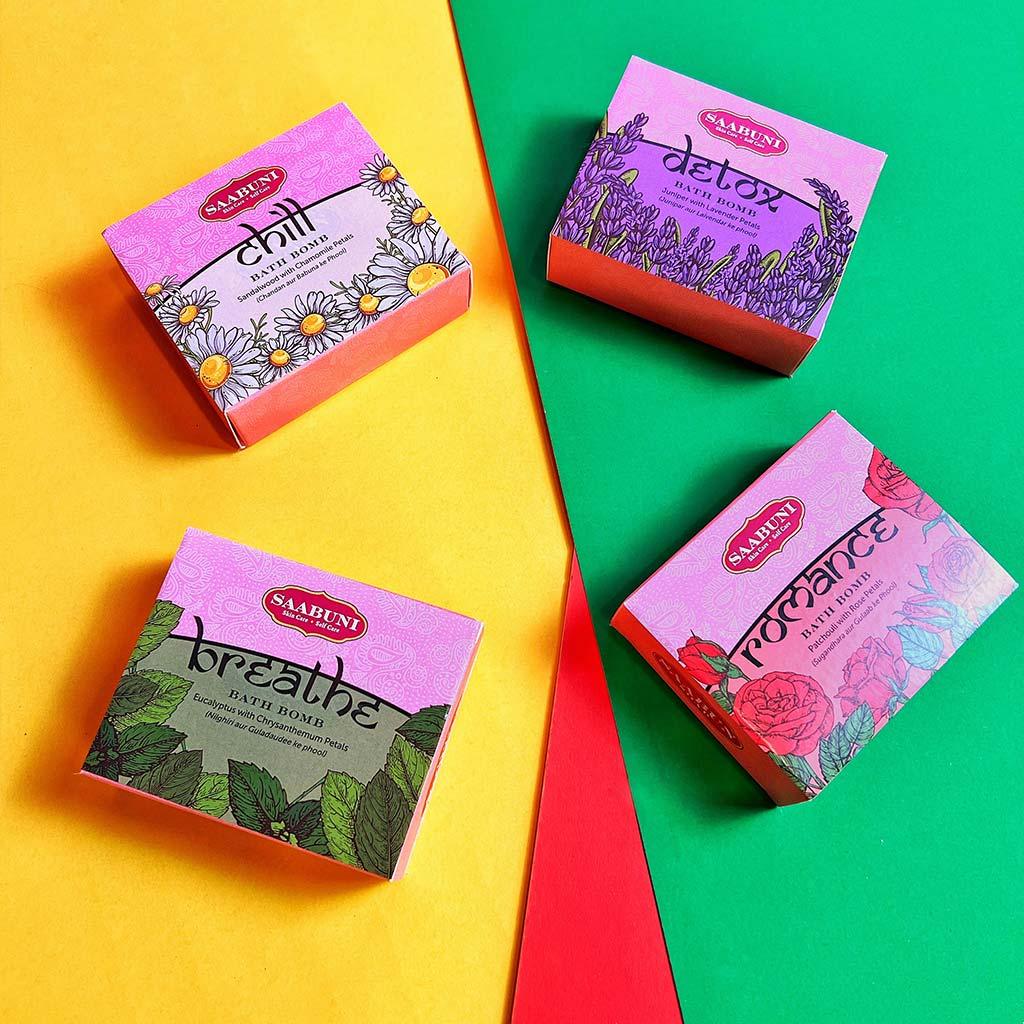 Aromatherapy Bath Bombs - Self Care Quad Pack - Chill, Detox, Breathe and Romance