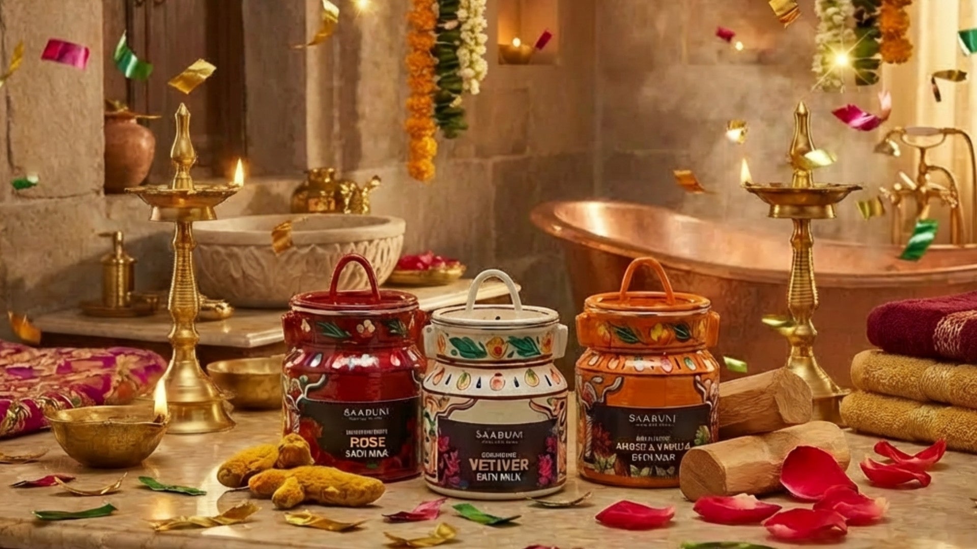 Decorative setting with Diwali-themed candles and traditional items on a stone surface.