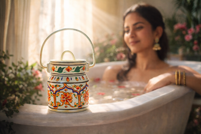 Decorative ceramic lantern with floral patterns on a bathtub filled with water and flowers, with a woman in the background.