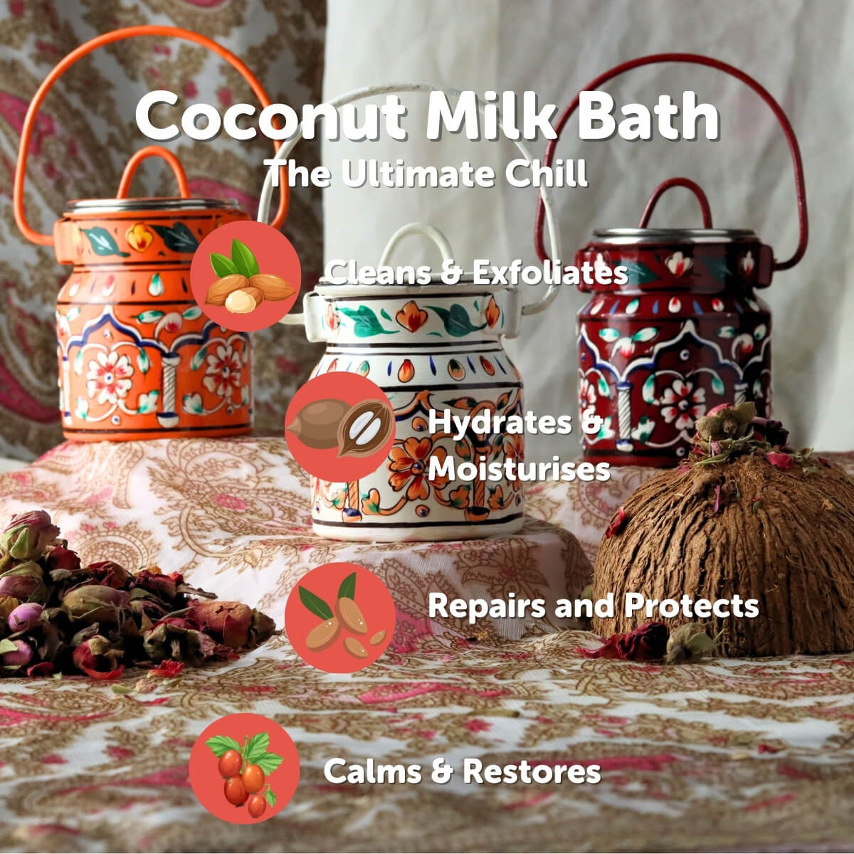 Decorative jars with a coconut milk bath theme on a patterned surface.