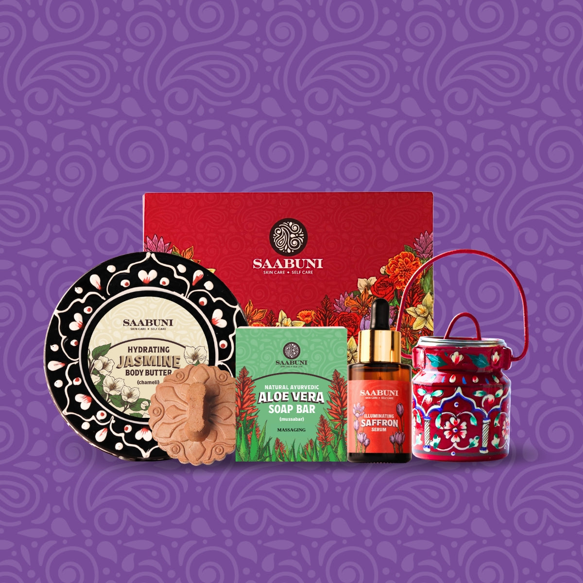 Ayurvedic Indian Skin Care Gift Set with Purple background