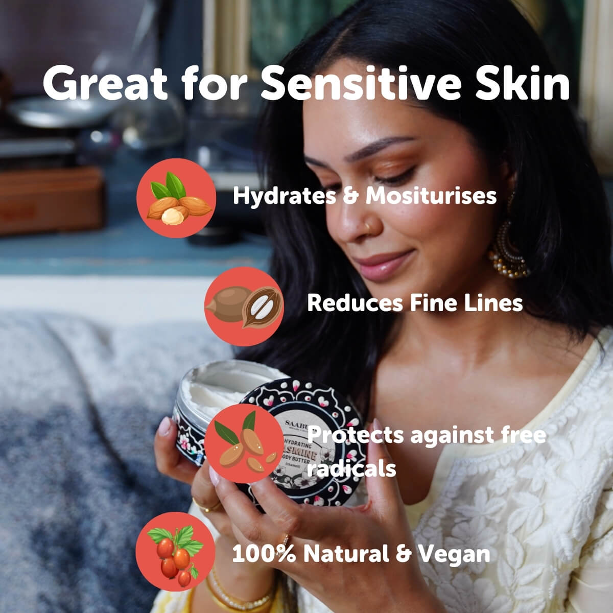 Woman using a skincare product with text highlighting benefits for sensitive skin.
