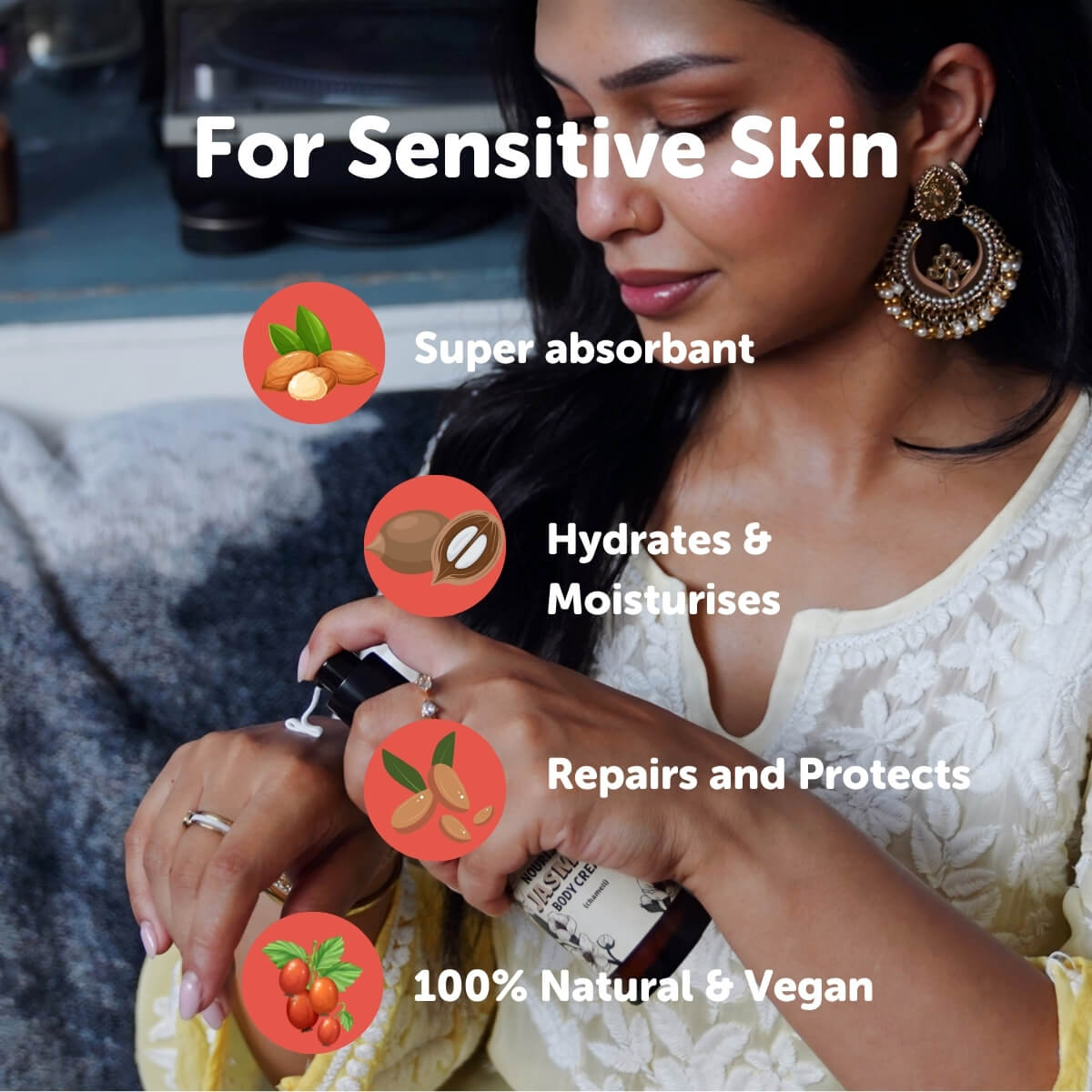 Woman applying skincare product with text highlighting benefits for sensitive skin