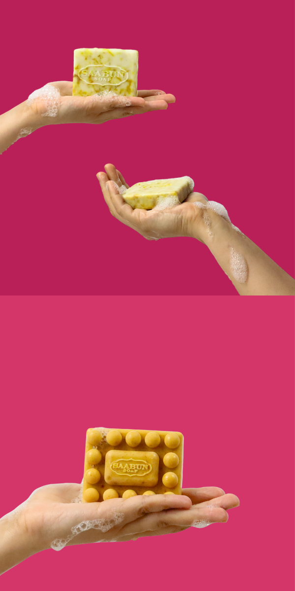 3 hands holding a soap bar on pink backgrounds