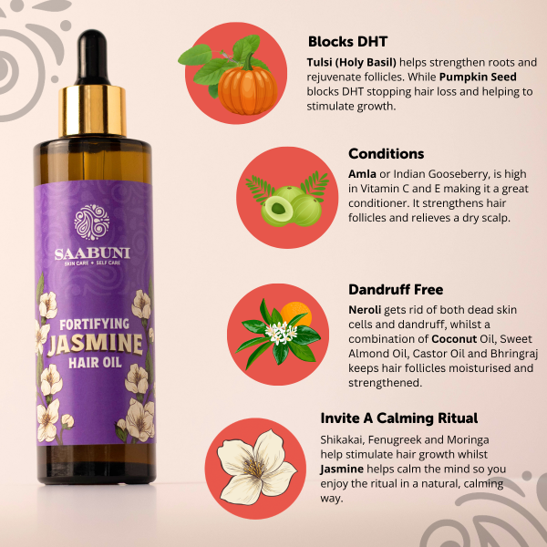 A bottle of Saabuni Fortifying Jasmine Hair Oil on a light beige background with text callouts and circular illustrations of natural ingredients.