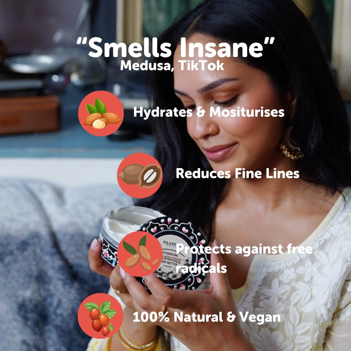 Woman holding a skincare product with text highlighting its benefits on a blurred background