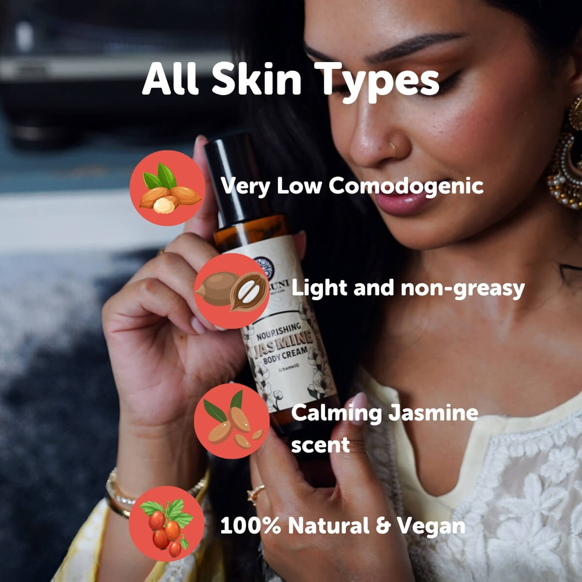 Woman holding a bottle of body cream with text highlighting its features.