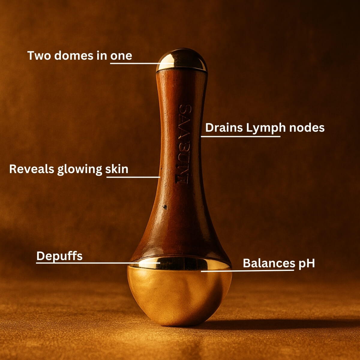 Skincare tool with labeled benefits on a brown background