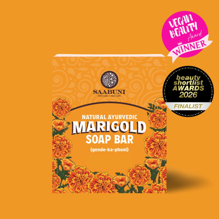 Saabuni Marigold Soap Bar packaging with floral design on an orange background