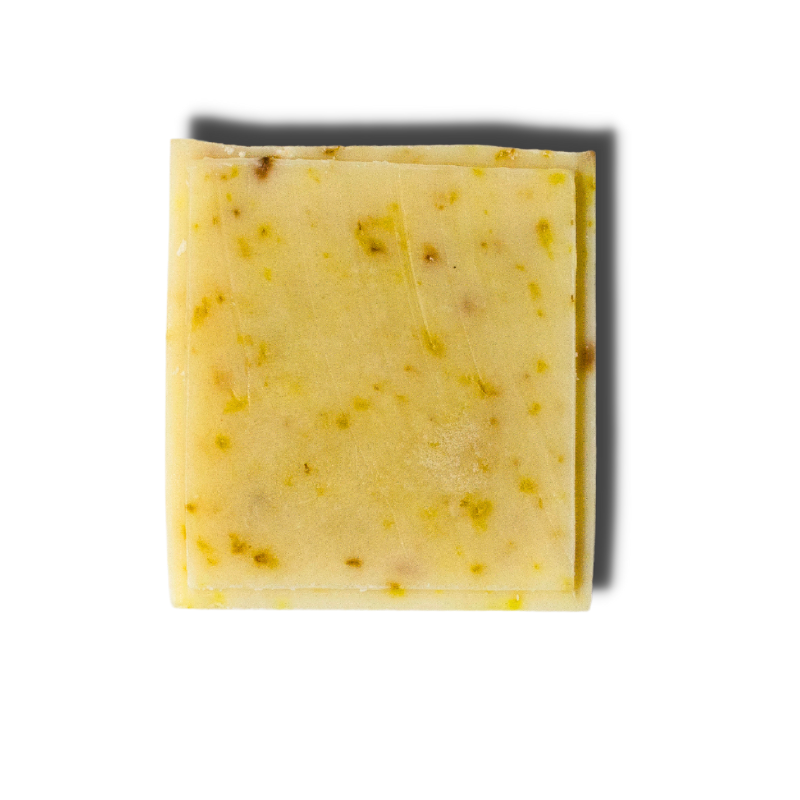 Rectangular bar of soap with visible specks on a white background