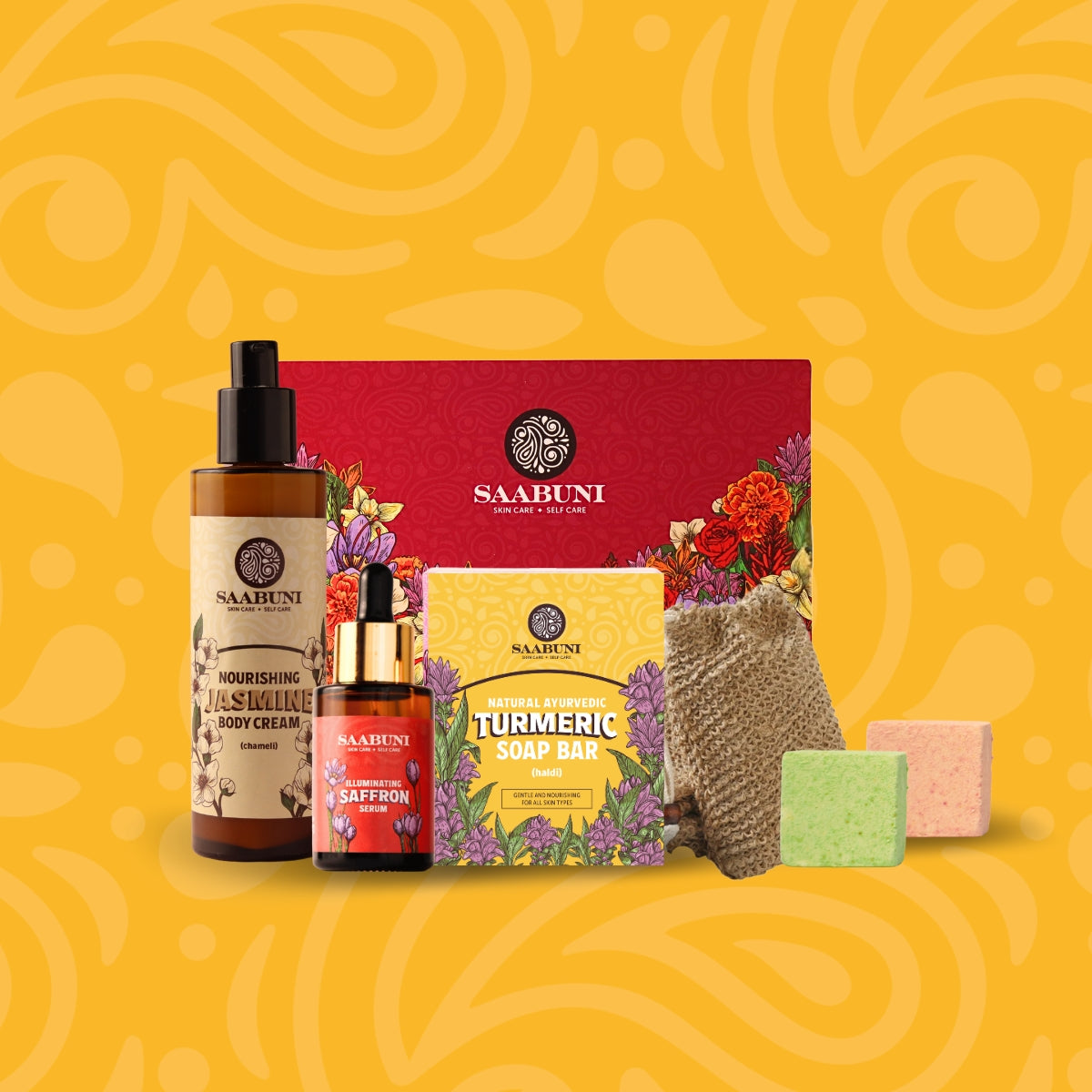 Saabuni morning ritual collection set on a yellow patterned background