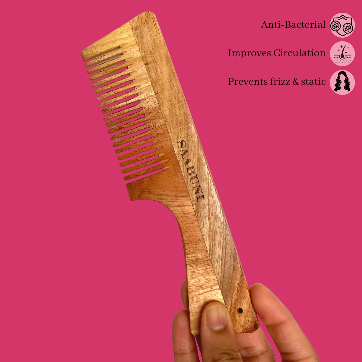 Neem Comb with anti bacterial properties. Prevents Frizz & Static