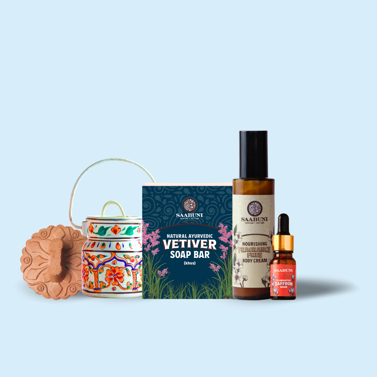 a collection of Saabuni products for oily skin on a pale blue background