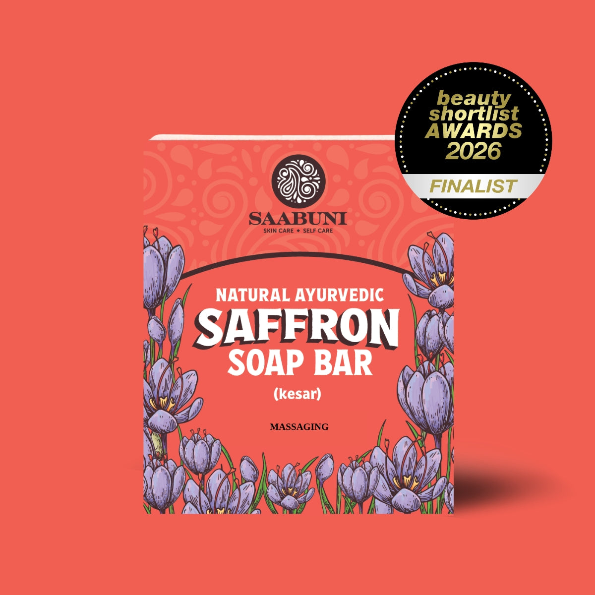 Saabuni Saffron Soap Bar packaging with saffron flowers on a red background, featuring an award badge.