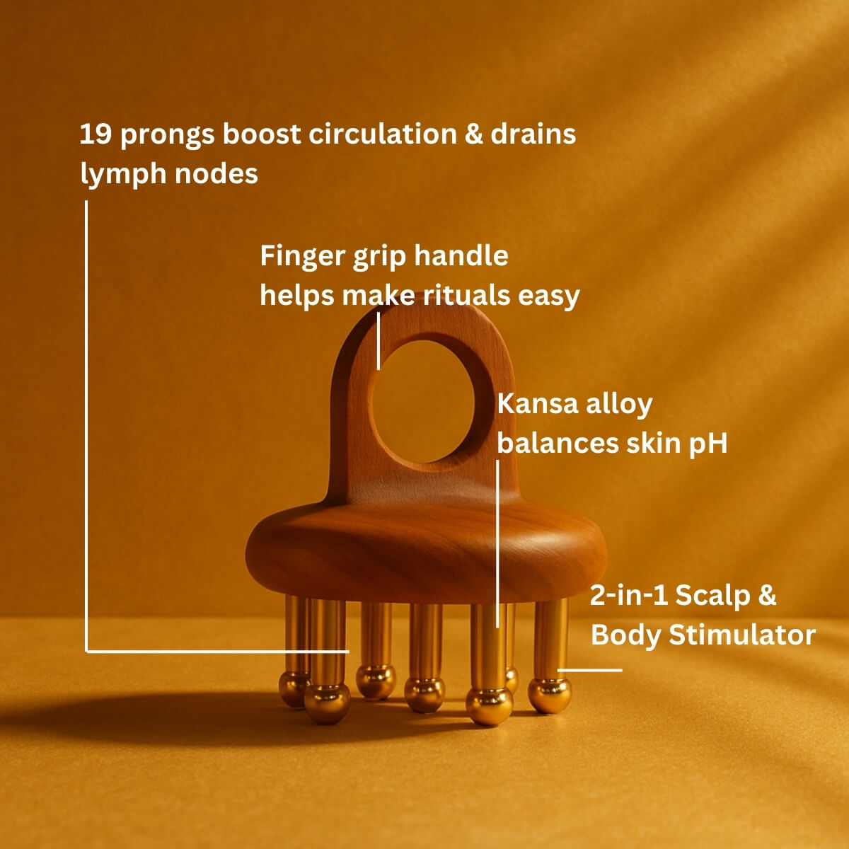 Wooden scalp and body stimulator with features highlighted on an orange background
