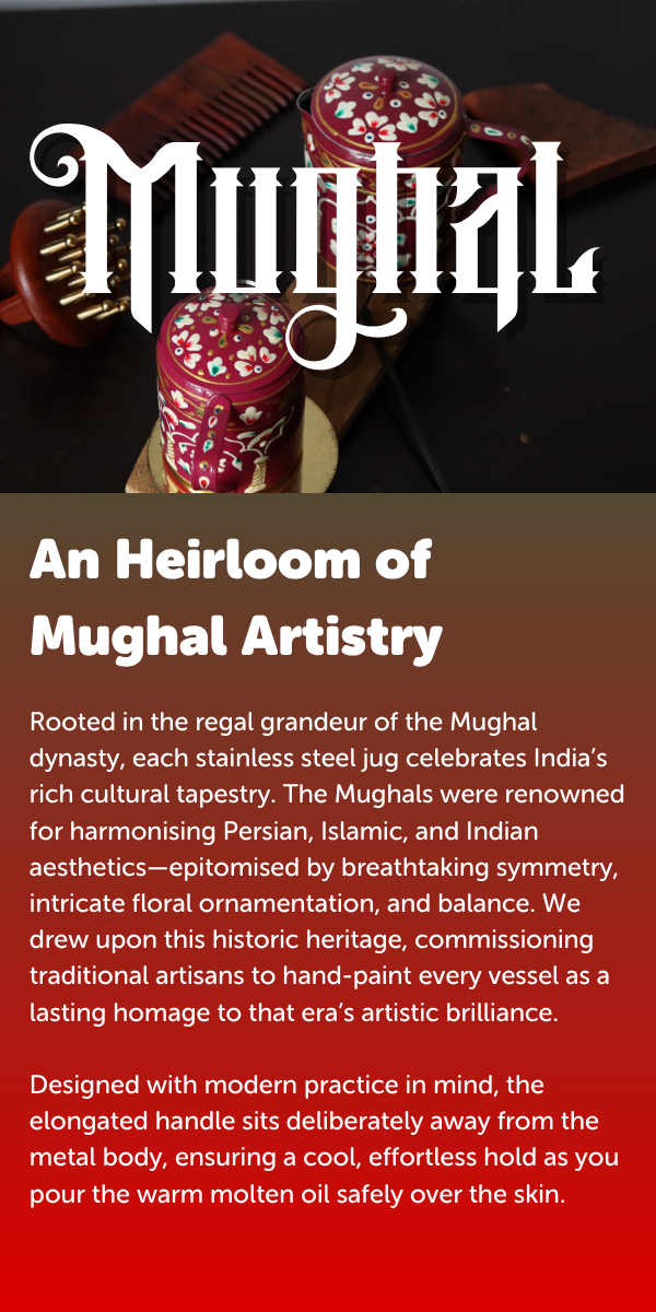 A promotional graphic for Mughal steel jugs, featuring a stylised white 'Mughal' logo at the top over a dark background with a close-up of a red-and-gold decorated jug. Below, white text on a dark red-to-black gradient reads 'An Heirloom of Mughal Artistry' with descriptive copy about Mughal-inspired design and hand-painted detailing.