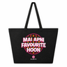 Black tote bag with colorful text and floral design on a white background