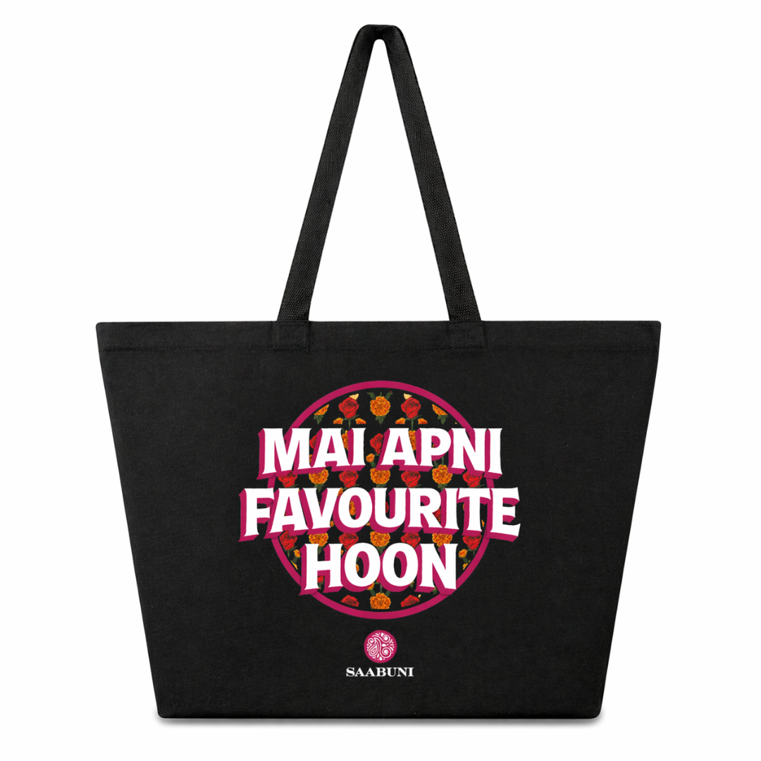 Black tote bag with colorful text and floral design on a white background