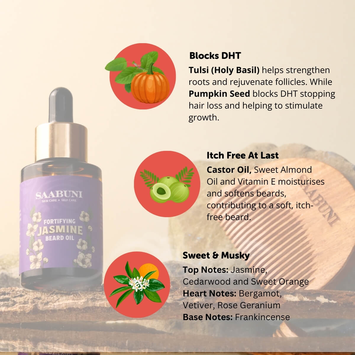 Saabuni beard oil bottle with ingredients and benefits displayed on a wooden background