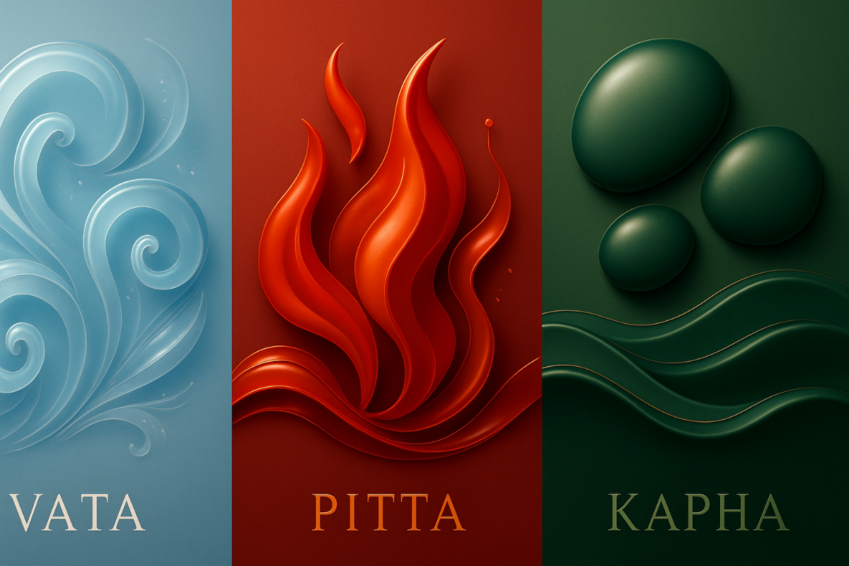 Three coloured sections labeled 'Vata', 'Pitta', and 'Kapha' with corresponding symbols.
