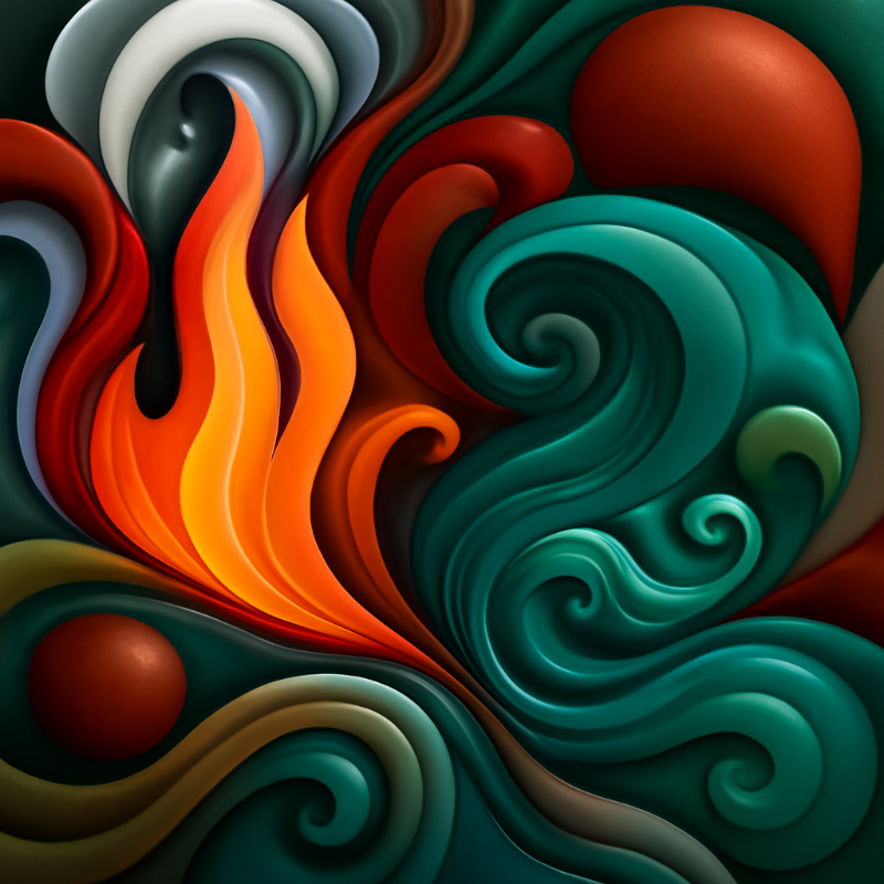 Colourful abstract design with swirling patterns in red, green, and orange.