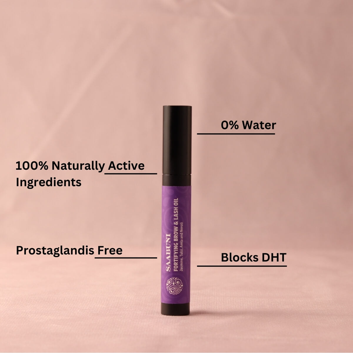 Purple cylindrical container with text on a pink background