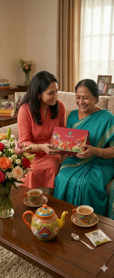 Two women sitting together with a box of tea, surrounded by a cozy living room setting.
