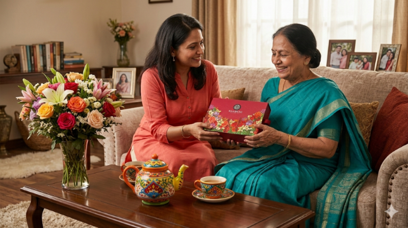 Two women sitting on a couch with a floral arrangement and tea set on a table.