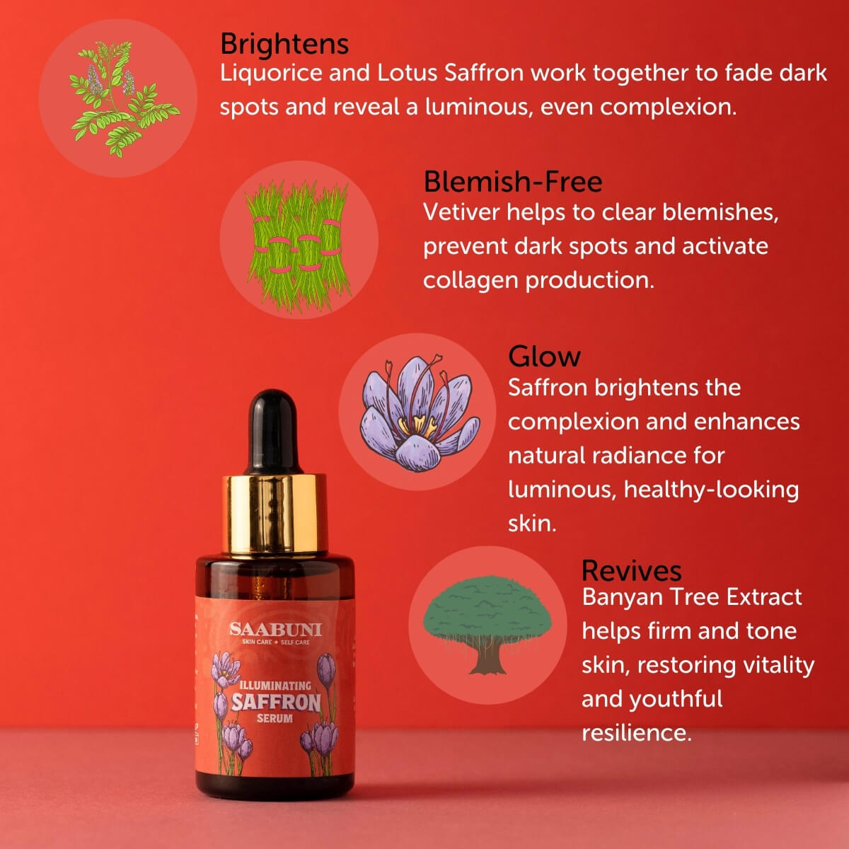 Saabuni Almond Extract Saffron Serum bottle with text on a red background