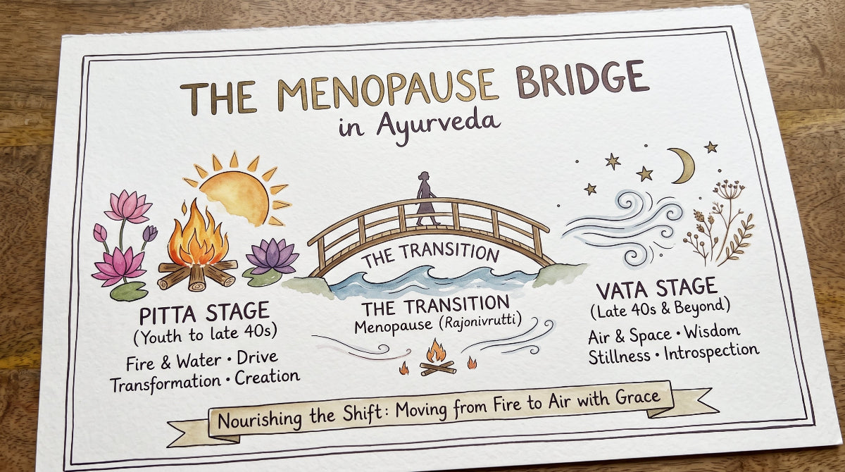 A printed illustrated poster titled "THE MENOPAUSE BRIDGE in Ayurveda" laid on a brown wood surface. The design uses a white background with black border lines and brown text, plus pastel-style drawings of a bridge, moon, stars, lotus flowers, fire, and natural elements to explain menopausal stages in Ayurveda.