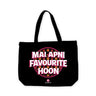 Black tote bag with pink and white text on a white background