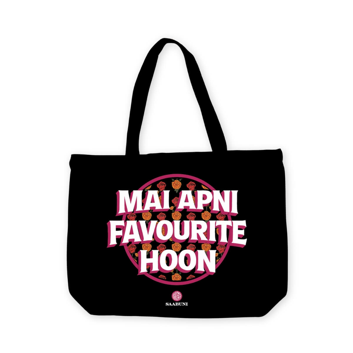 Black tote bag with pink and white text on a white background