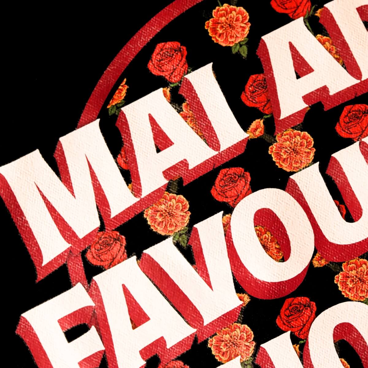 Text 'MAI APNI FAVOURITE HOON' surrounded by red and orange flowers on a black background
